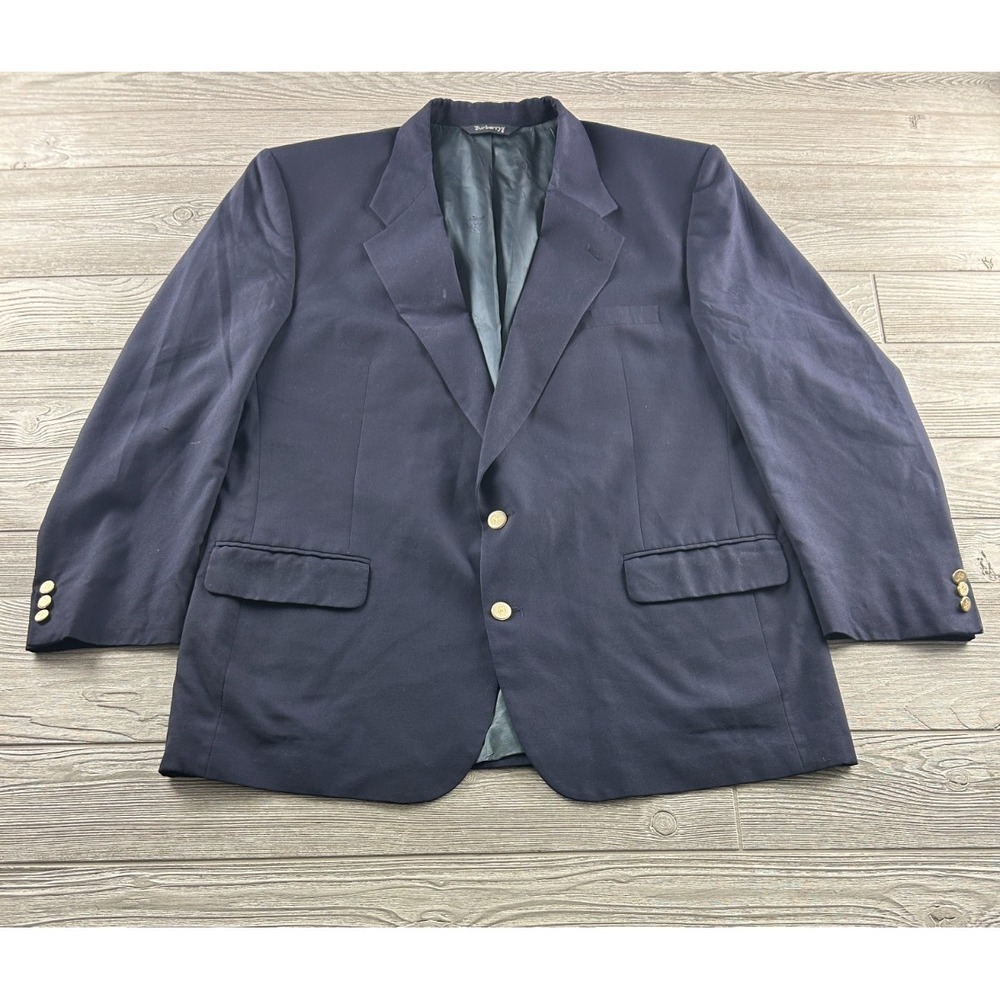 Vintage Burberrys Blazer Mens Navy Blue Wool 2 Button Gold Crest USA 90s 42R
